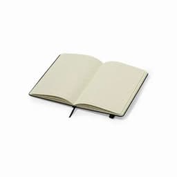 An open notebook with lined pages, featuring a black cover and a ribbon marker.