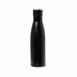 A drink bottle in matte black with a sleek design and a silver cap, featuring a branding logo.