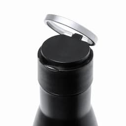 A drink bottle in matte black with a silver cap and a plastic opening mechanism, featuring a visible logo.