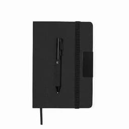 A black notebook with a pen attached, featuring a strap and an elastic band closure.