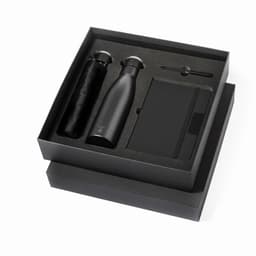 A drink bottle, notebook, and pen in a stylish black gift box, featuring a logo on the items.