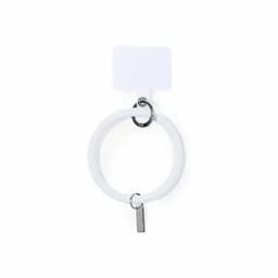 A keyring featuring a white circular design and a metallic tag, with a small attached ring for attachment.