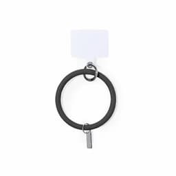 A key ring in black with a silver attachment and a small tag. It has a simple, circular design.