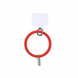 A red silicone keyring with metal attachments, featuring a circular design and a hanging tag.