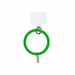 A green silicone keyring with a metal clasp and a small tag attached. It features a logo on the tag.