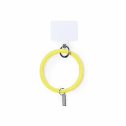 A yellow keyring with a metal loop and a small tag attached. It features a branded label at the top.