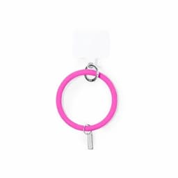 A pink silicone keyring with a metal clasp, featuring a small metal tag attached.