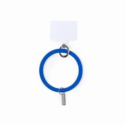 A blue silicone ring with a metal keyring attached, featuring a small tag.