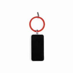 A keyring featuring a red circular loop and a sleek, black smartphone-shaped tag.