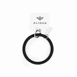 A black silicone keyring featuring a silver metal attachment and a branding tag.