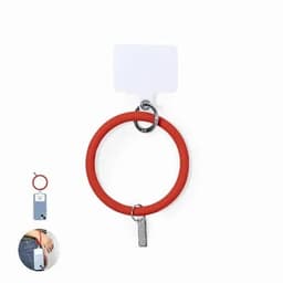 A red keyring with a metal clasp and a small tag, featuring an additional image of a phone attached.
