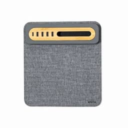 A grey laptop sleeve with a bamboo top section featuring slots for charging and organisation. Includes a logo.