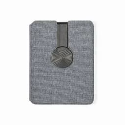 A tablet case in grey fabric with a textured circular design and a logo.