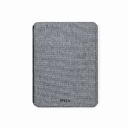 A grey notebook with a textured cover and a logo at the bottom. The design is minimal and sleek.