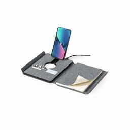 A grey notebook with a wireless phone charger, card slots, and a notepad inside. It features a logo.