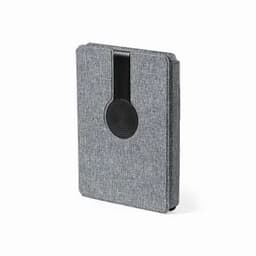 A grey promotional folder featuring a textured fabric finish and a black elastic band for closure.
