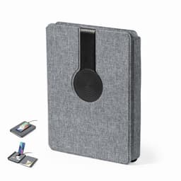 A grey tablet case with a textured fabric finish and a black circular accent. It features a logo on the front.