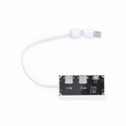 A USB hub with a white cable and multiple ports in a black and white casing. It features a logo on the casing.