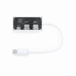 A black and white electronic component with two USB ports connected by a white cable.