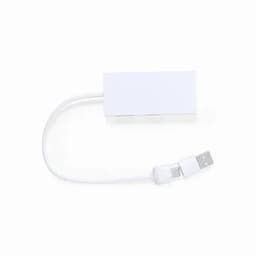 A white USB device with a cable attached, featuring a rectangular shape and a connector end.