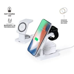 A charging station featuring a white design, accommodating a phone and smartwatch with a magnetic charging pad.