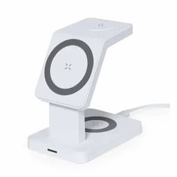 A white wireless charger stand with a sleek design, featuring two circular charging pads. It has a simple, modern aesthetic.