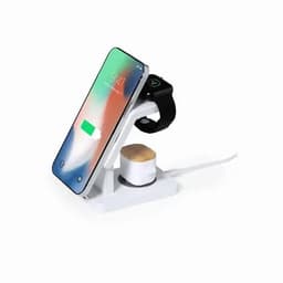 A charging station with a white base, holding a smartphone and a smartwatch, featuring a wooden accent.