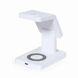 A white wireless charging stand with a sleek design and a circular charging pad. It has a logo on the side.