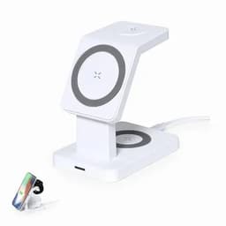 A wireless charging stand in white with a sleek design, featuring two charging pads and a connected cable.