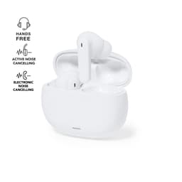 A set of white wireless earbuds in their charging case, featuring a logo.