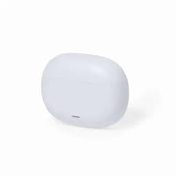 A small, white wireless earbud case with a smooth, rounded design, featuring a logo on the front.