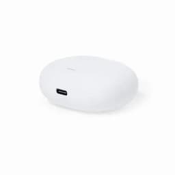 A wireless earbud case in white, featuring a USB-C charging port and a smooth, rounded design.