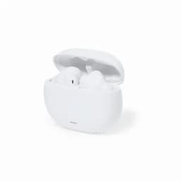 A white case containing wireless earbuds, slightly open to reveal the earbuds inside. The case has a sleek design.