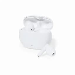 A set of white wireless earbuds with a matching charging case. The case is slightly open, revealing the earbuds inside.