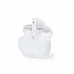 A pair of white wireless earbuds in a charging case. The case is also white and compact in size.