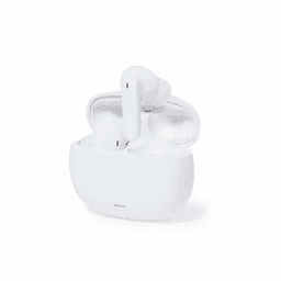 A pair of white wireless earbuds positioned in a matching charging case, featuring a sleek design.