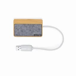A USB hub with a bamboo exterior and grey felt surface, featuring a logo.