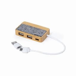 A USB hub with a wooden base and a grey felt top, featuring two USB ports and a Type-C connection.