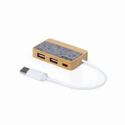 A USB hub with wooden casing, featuring two USB-A ports, one USB-C port, and a white connector cable.