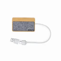 A bamboo and felt power bank with a USB cable, featuring a logo on the felt surface.