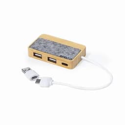 A wooden USB hub with two standard USB ports and one USB-C port, featuring a felt-covered top.