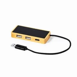 A USB hub with a gold and black design, featuring two standard USB ports and one USB-C port.