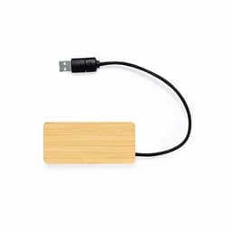 A USB drive with a bamboo casing and a black cable. It features a branding logo on the casing.
