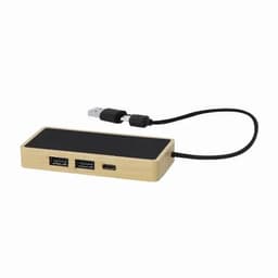 A USB hub with a bamboo exterior, featuring multiple USB ports and a connected cable.