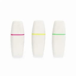 A drink bottle trio in white with pink, yellow, and green bands. Each bottle features a simple design and a logo.