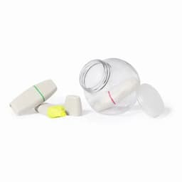 A clear jar contains grey and white highlighters with red, green, and yellow caps. The jar is open with some highlighters outside.