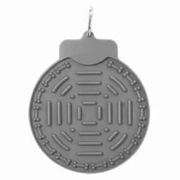 A grey silicone product with a textured surface and a hanging clip for attachment.