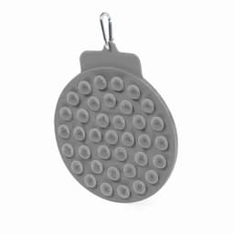 A silicone massager in grey with textured bumps, featuring a clip for attachment.
