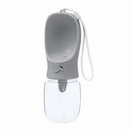 A drink bottle in grey with a large top section and a clear lower section, featuring a strap and a logo.