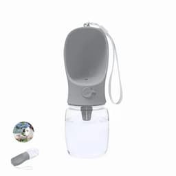 A drink bottle with a grey top and clear base, featuring a logo and a strap for easy carrying.